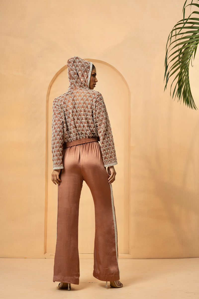 Mettalic Rose Gold Embroidered Co-Ord Set With Hoodie