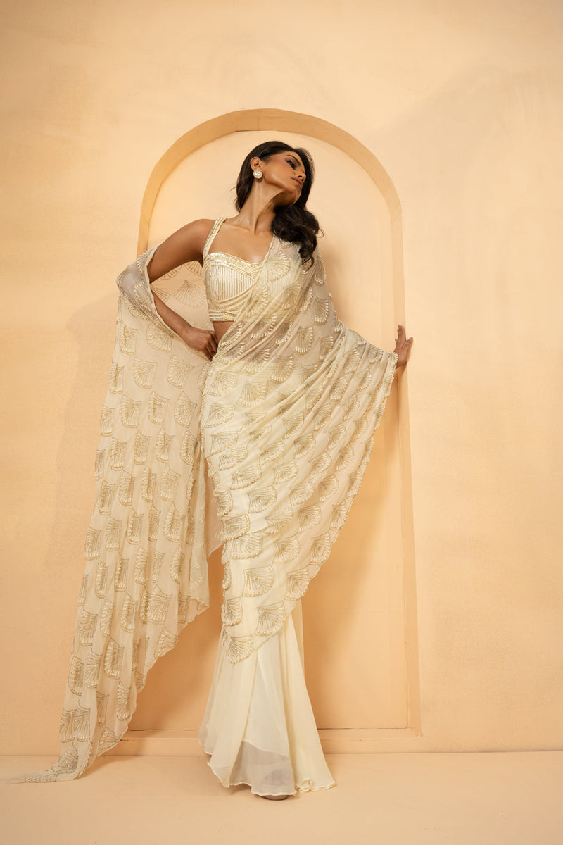 Ivory Embroidered Pre-Stitched Drape Saree