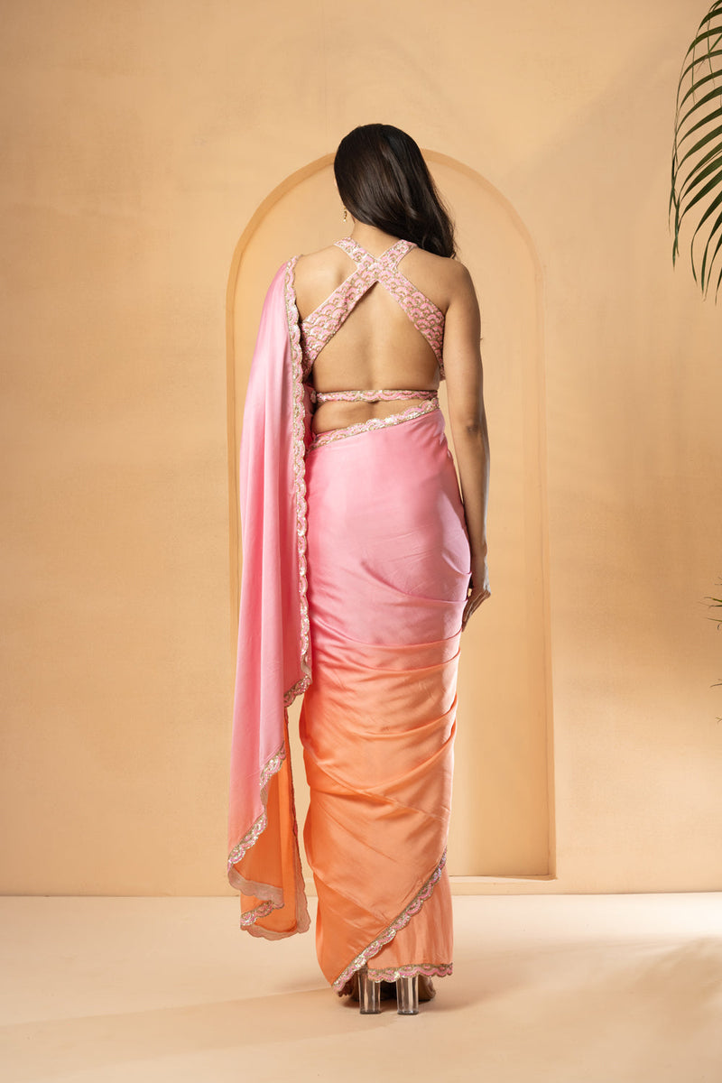 Pink-Peach Ombre Pre-Stitched Drape Saree