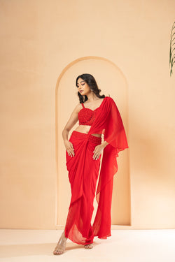 Red Embroidered Pre-Stitched Drape Corset Saree