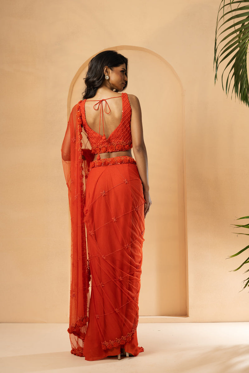 Orange Embroidered Pre-Stitched Drape Saree