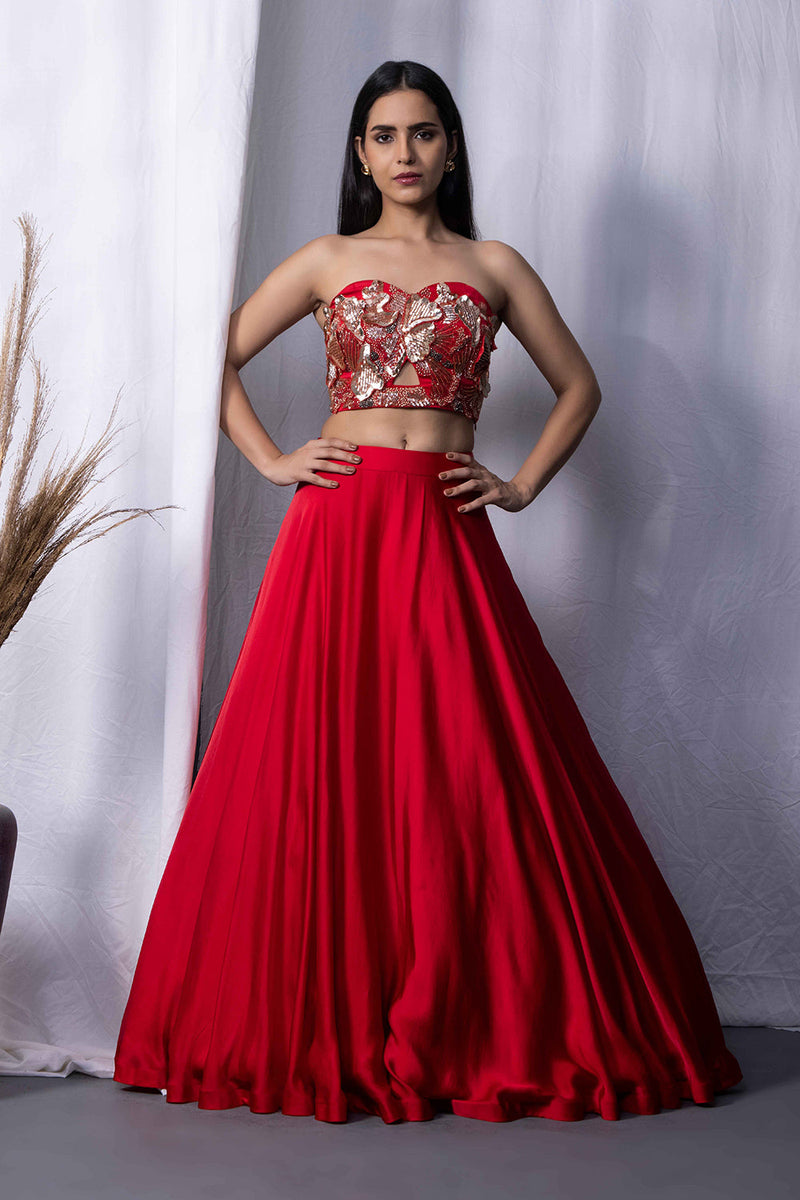 Red sand drape bralet skirt