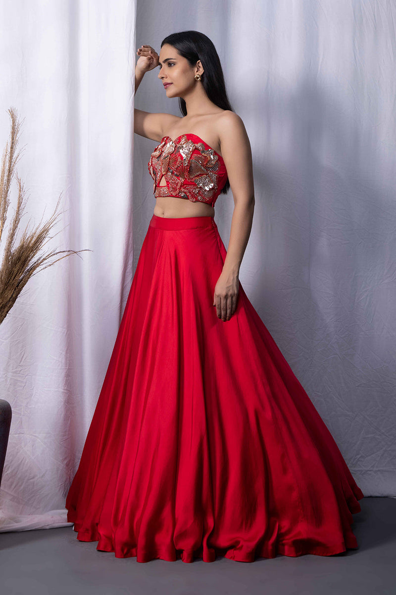 Red sand drape bralet skirt