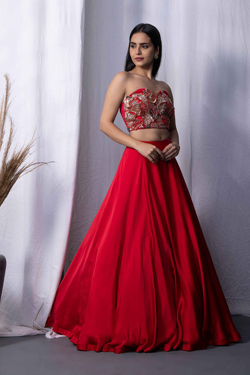 Red sand drape bralet skirt