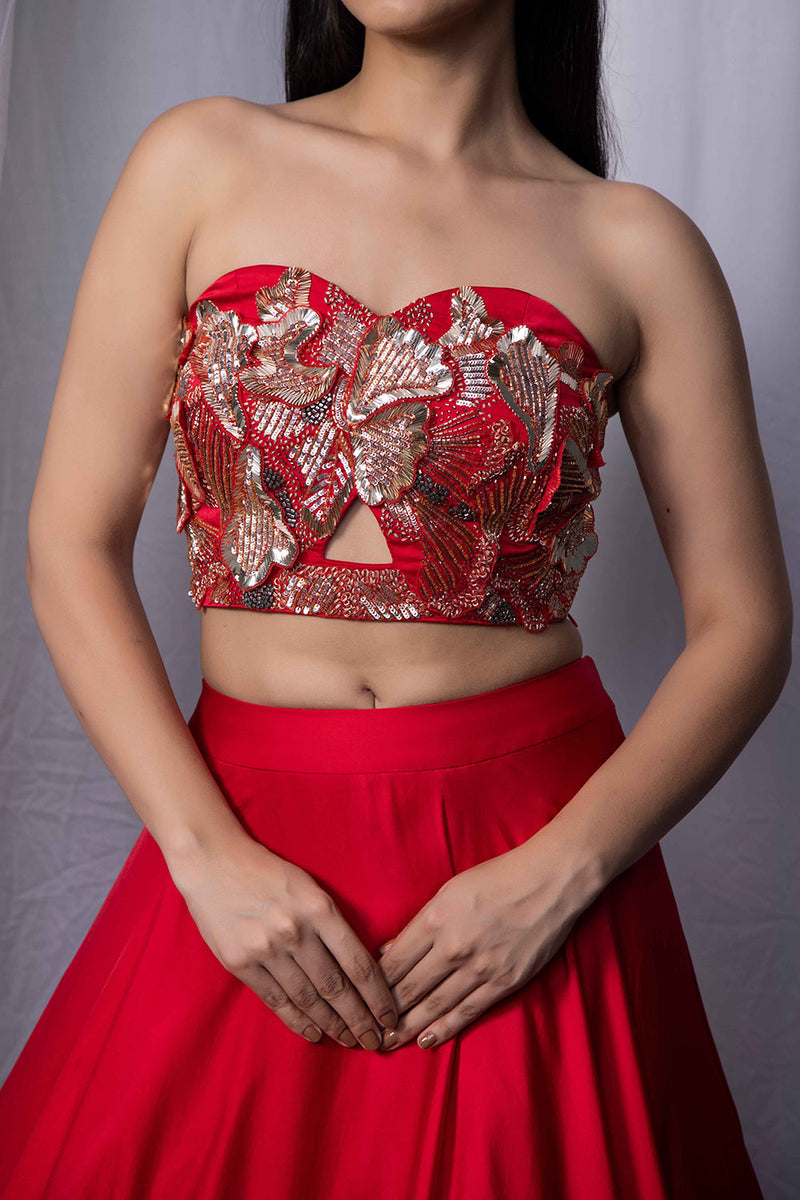 Red sand drape bralet skirt