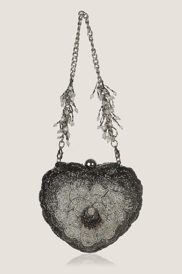 ISA BEADED HEART CLUTCH – SILVER