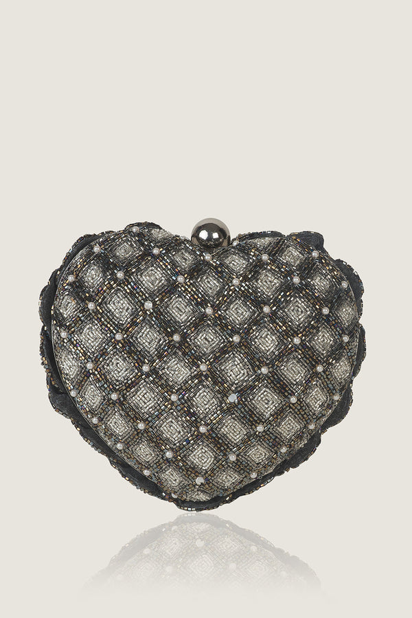 ISA BEADED HEART CLUTCH – SILVER