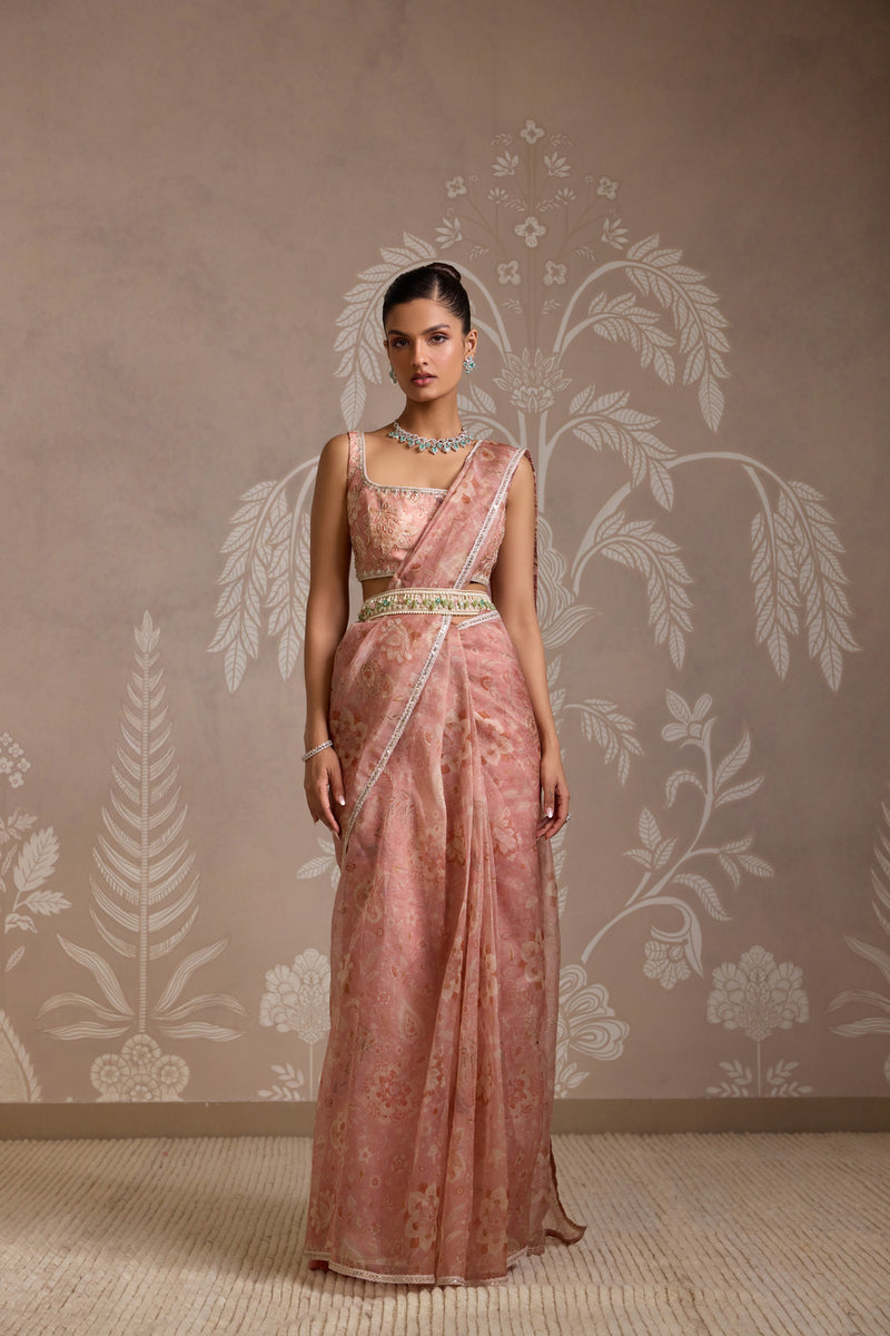 CORAL PRINT SAREE SET