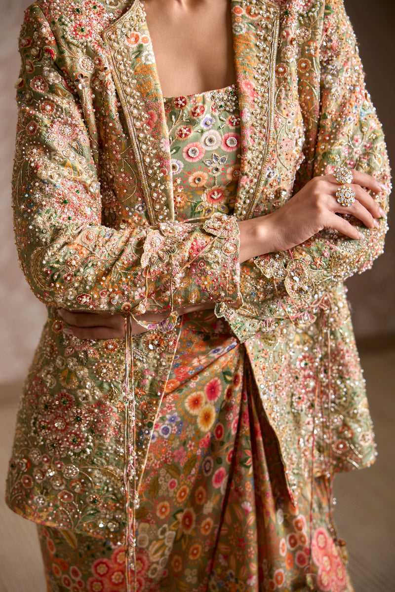 OLIVE GREEN PRINT JACKET SET