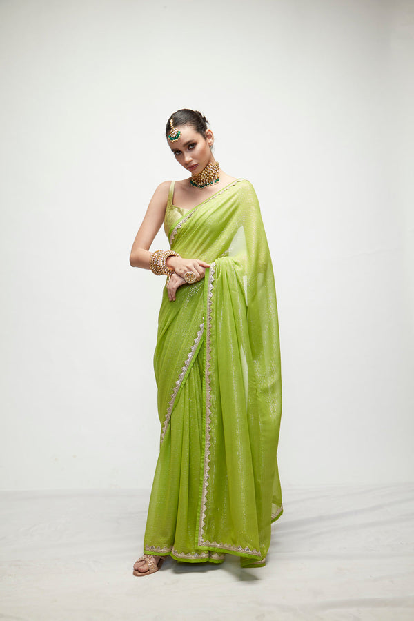 Chartreuse Green Mettalic Saree Set