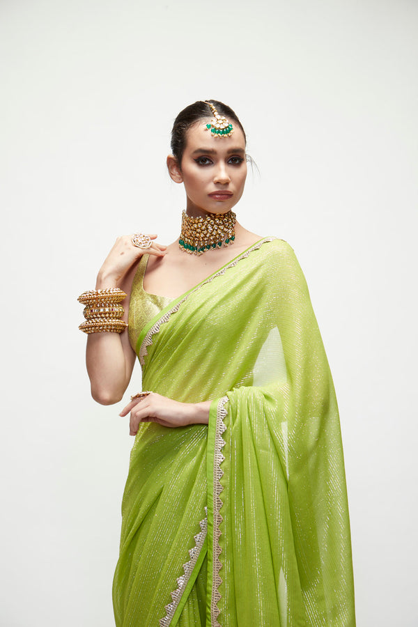 Chartreuse Green Mettalic Saree Set