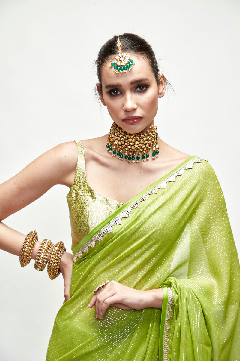 Chartreuse Green Mettalic Saree Set