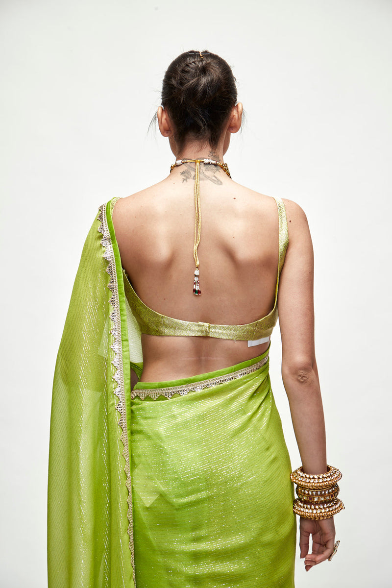 Chartreuse Green Mettalic Saree Set