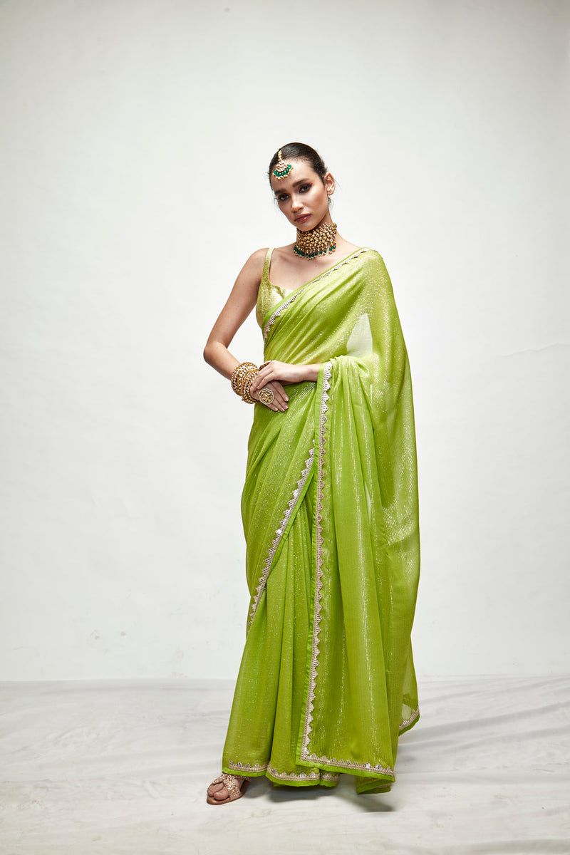 Chartreuse Green Mettalic Saree Set