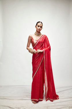 Carmine Red Mettalic Saree Set