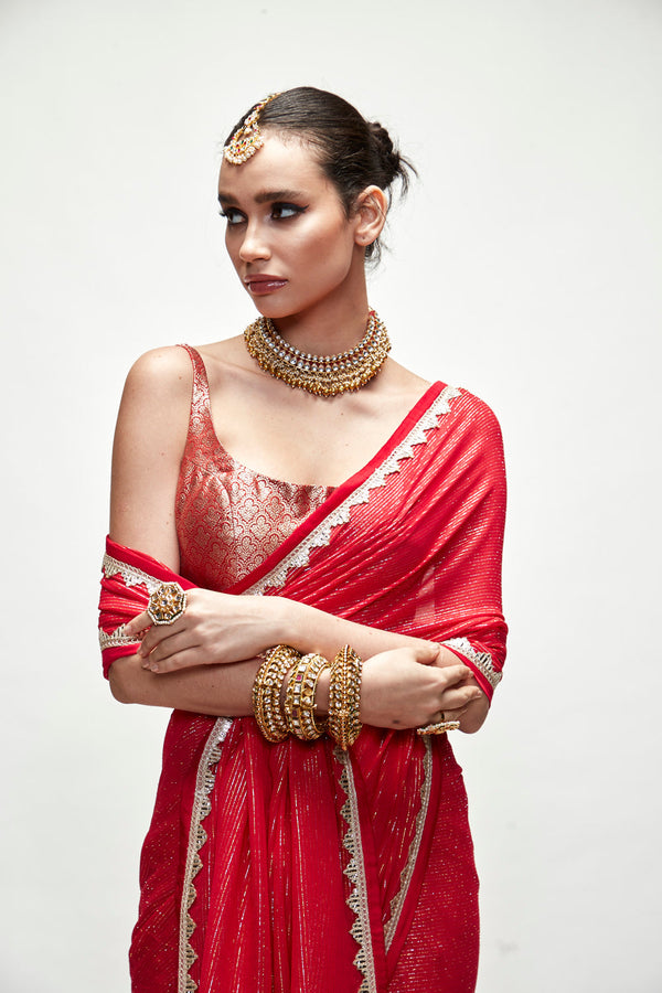 Carmine Red Mettalic Saree Set