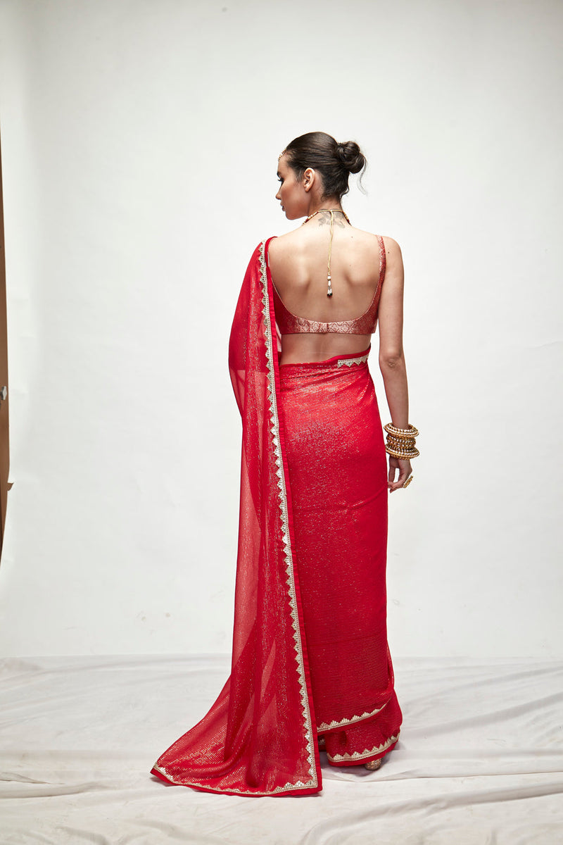 Carmine Red Mettalic Saree Set