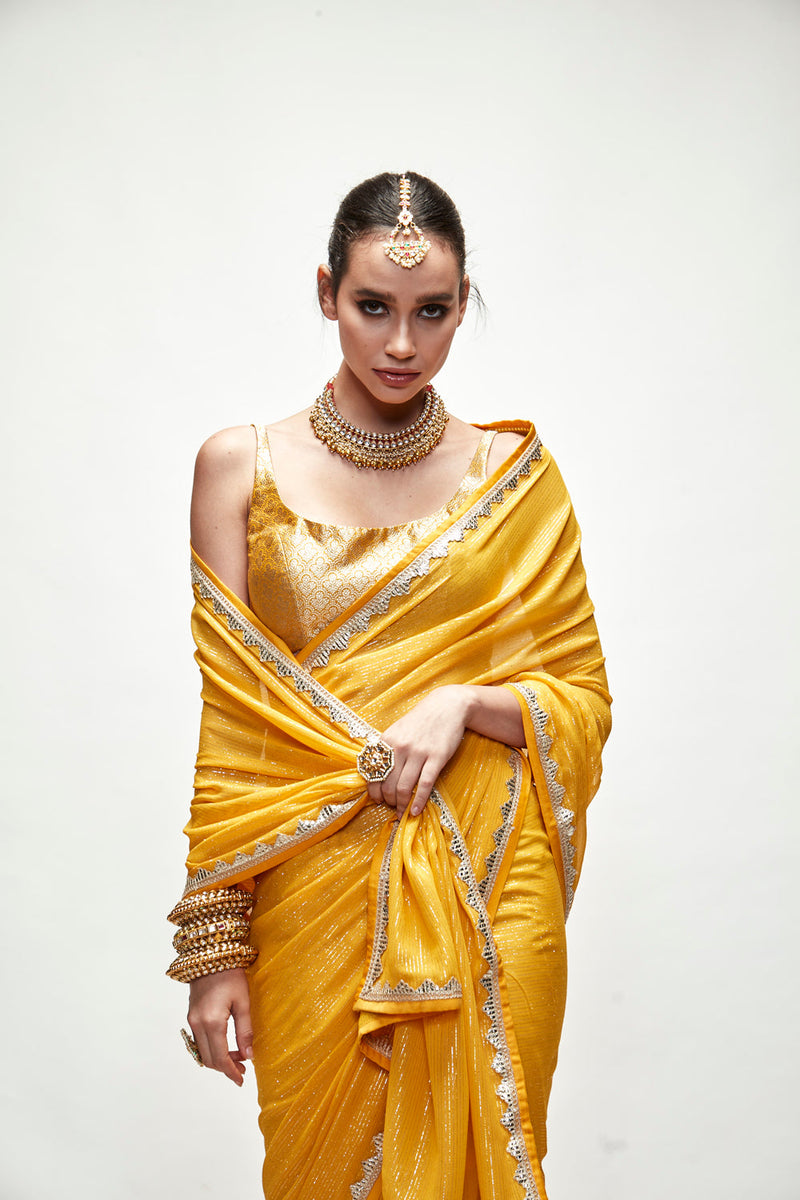 Dandelion Yellow Mettalic Saree Set