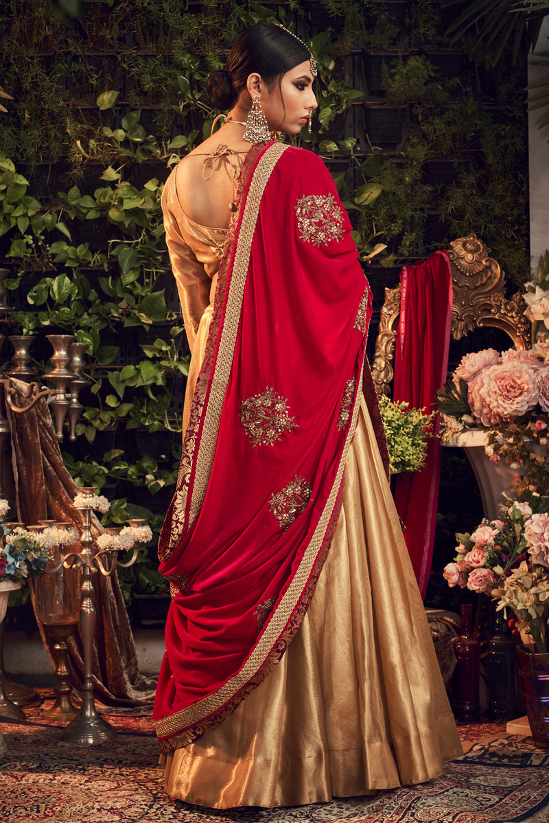 Oxidised Gold Lengha Set With Velvet Dupatta Shawl