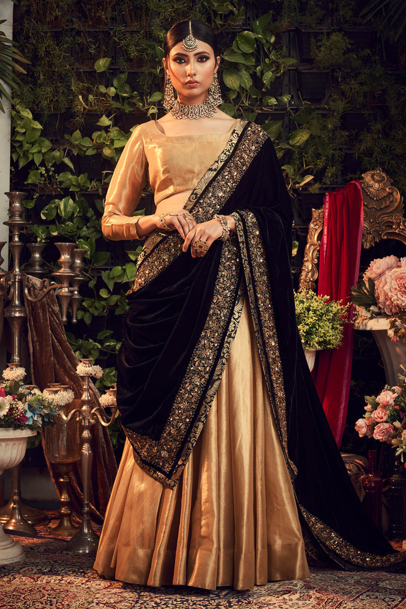 Oxidised Gold Lengha Set With Velvet Dupatta Shawl