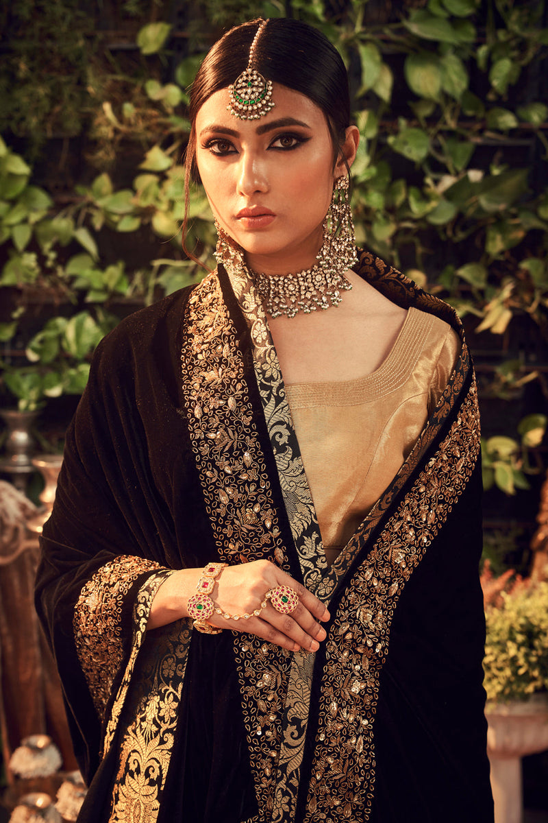 Oxidised Gold Lengha Set With Velvet Dupatta Shawl