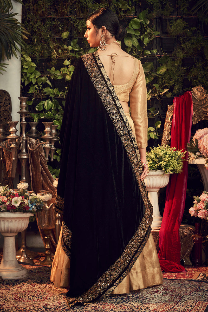 Oxidised Gold Lengha Set With Velvet Dupatta Shawl