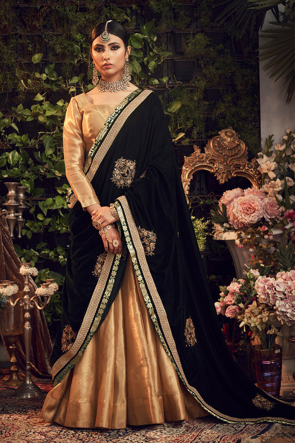 Oxidised Gold Lengha Set With Velvet Dupatta Shawl