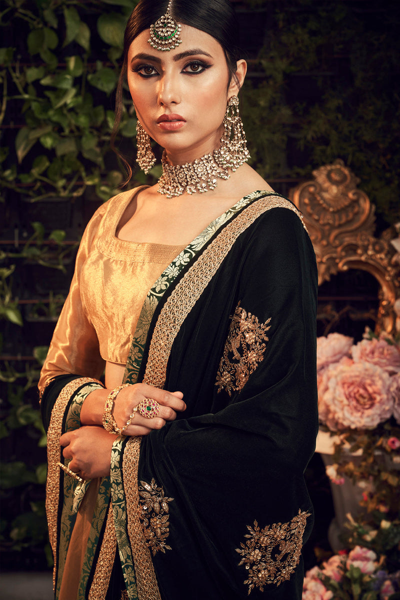 Oxidised Gold Lengha Set With Velvet Dupatta Shawl