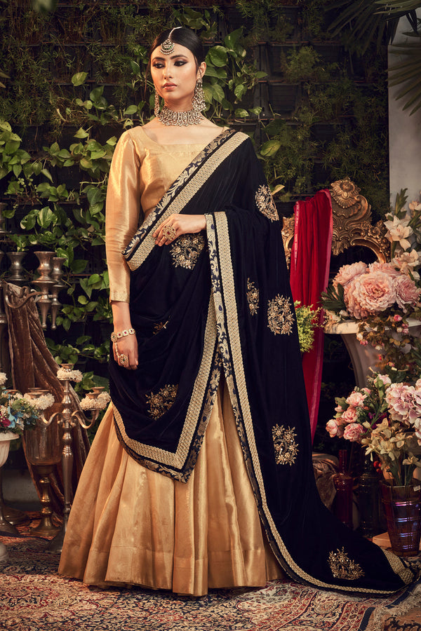 Oxidised Gold Lengha Set With Velvet Dupatta Shawl