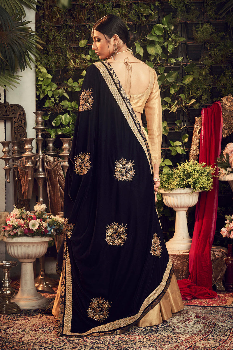 Oxidised Gold Lengha Set With Velvet Dupatta Shawl