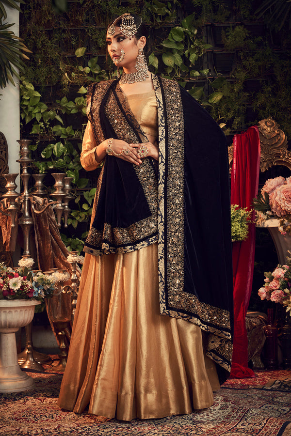 Oxidised Gold Lengha Set With Velvet Dupatta Shawl