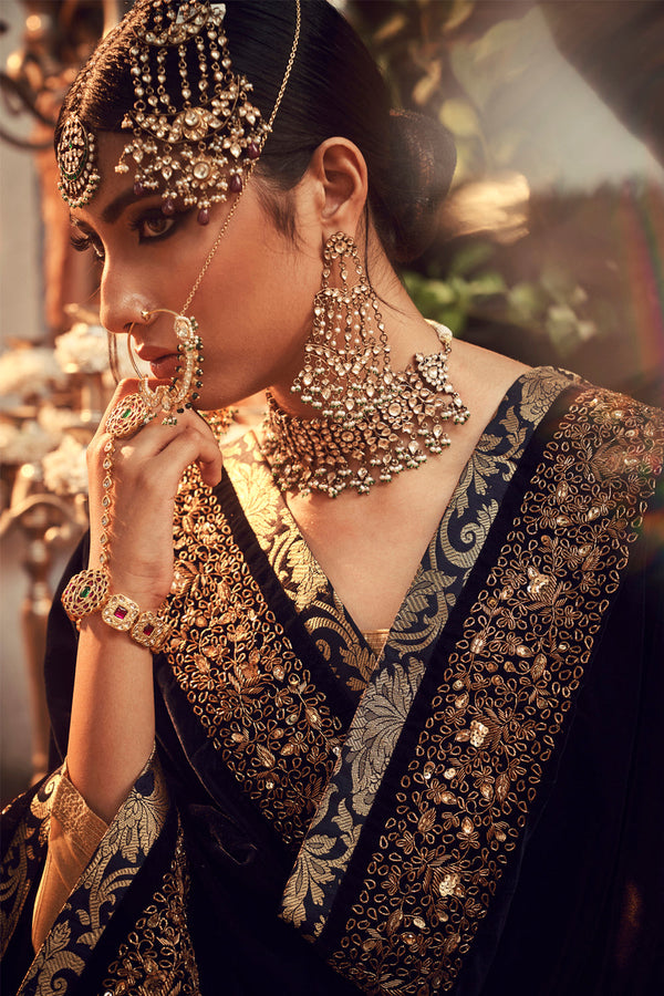 Oxidised Gold Lengha Set With Velvet Dupatta Shawl