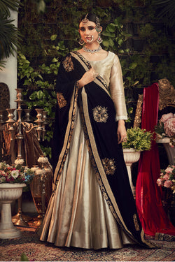 Champagne Lengha Set With Velvet Dupatta Shawl