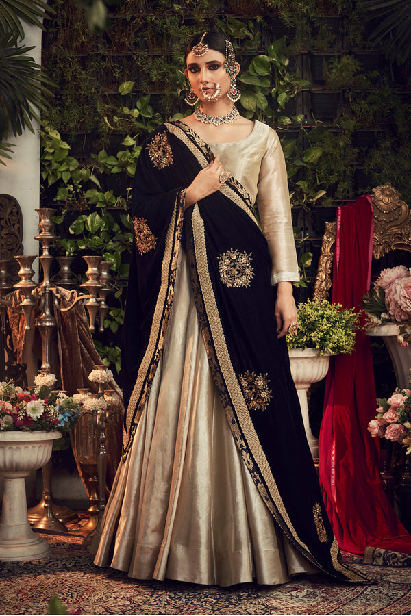 Champagne Lengha Set With Velvet Dupatta Shawl