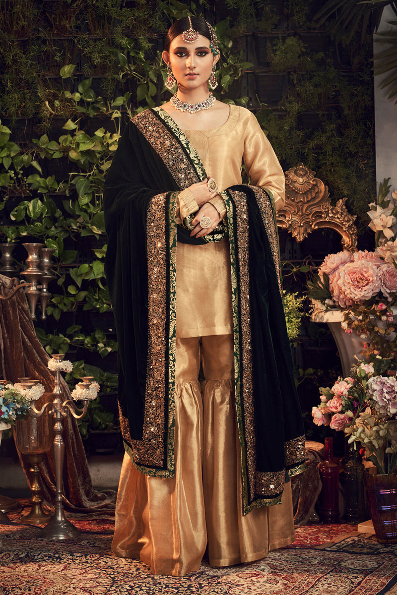 Oxidised Gold Garara Set With Velvet Dupatta Shawal