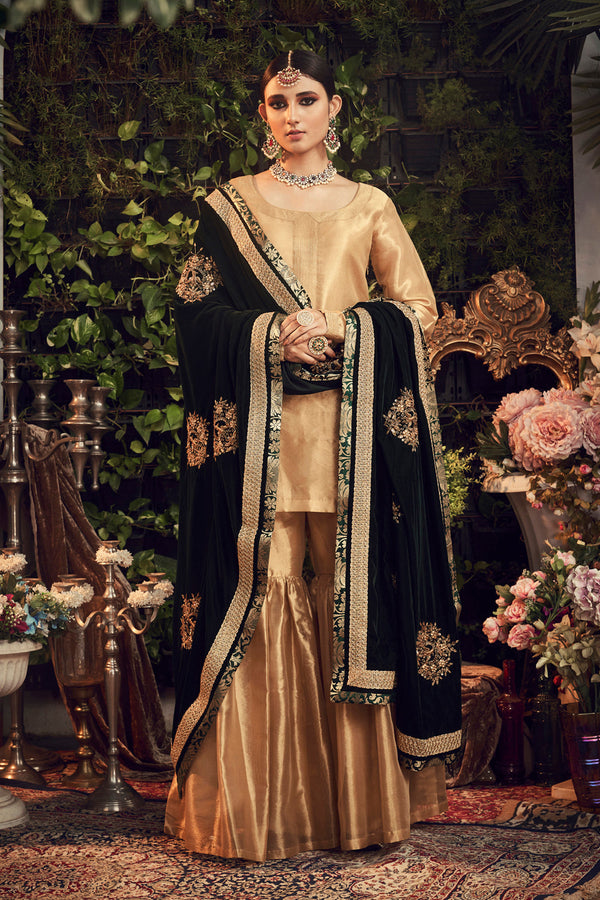 Oxidised Gold Garara Set With Velvet Dupatta Shawl