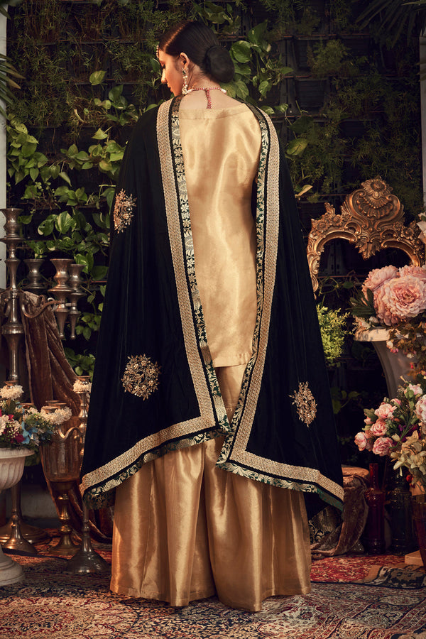 Oxidised Gold Garara Set With Velvet Dupatta Shawl