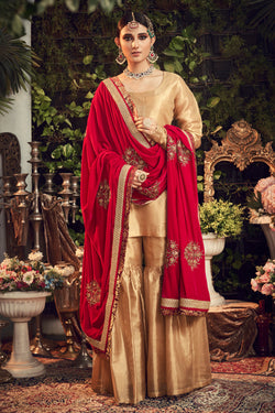 Oxidised Gold Garara Set With Velvet Dupatta Shawl