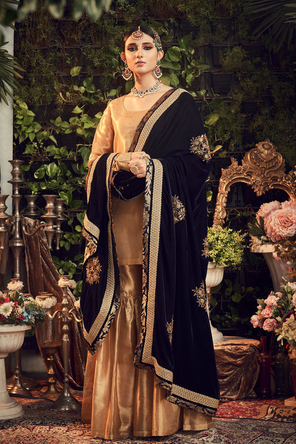 Oxidised Gold Garara Set With Velvet Dupatta Shawl