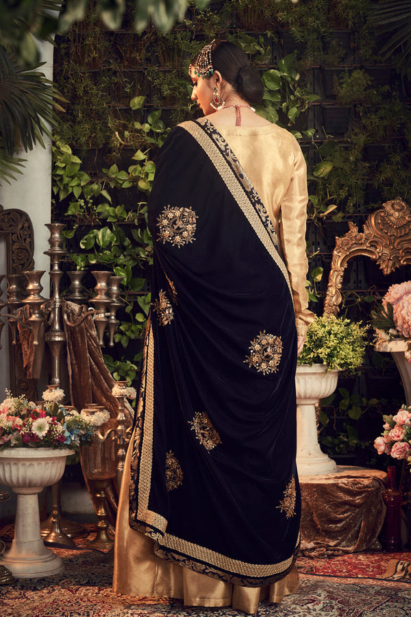 Oxidised Gold Garara Set With Velvet Dupatta Shawl