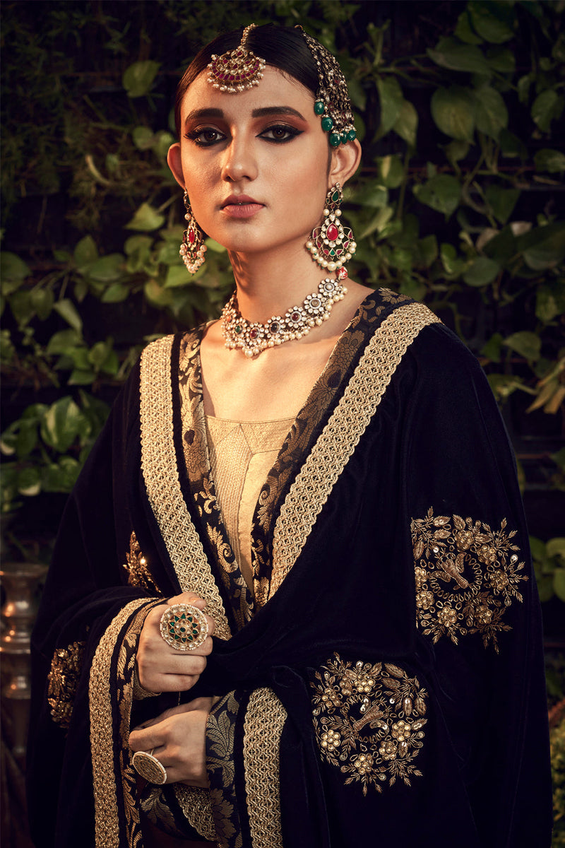 Oxidised Gold Garara Set With Velvet Dupatta Shawl