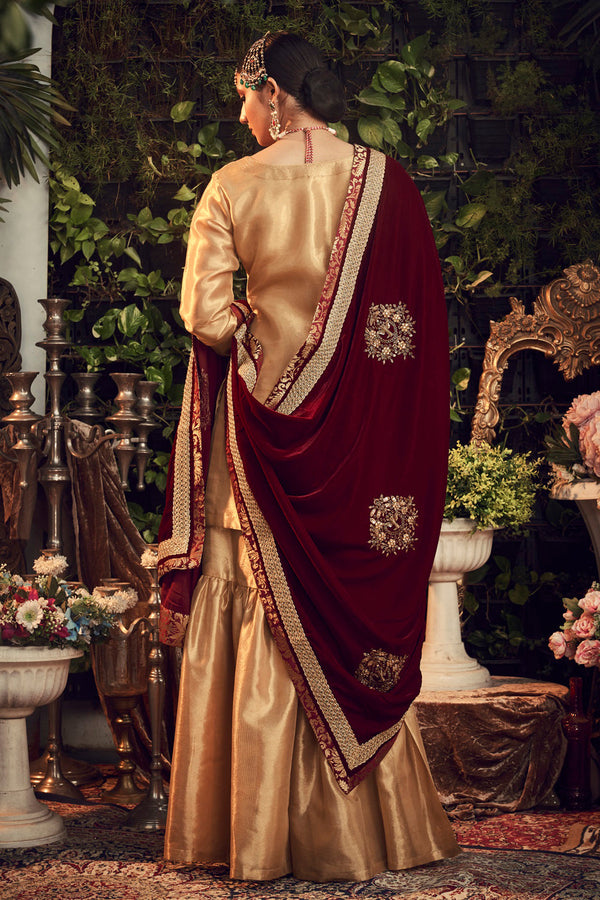 Oxidised Gold Garara Set With Velvet Dupatta Shawl