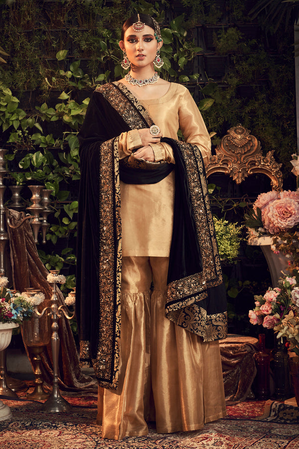 Oxidised Gold Garara Set With Velvet Dupatta Shawl