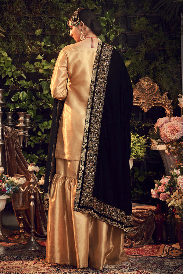 Oxidised Gold Garara Set With Velvet Dupatta Shawl