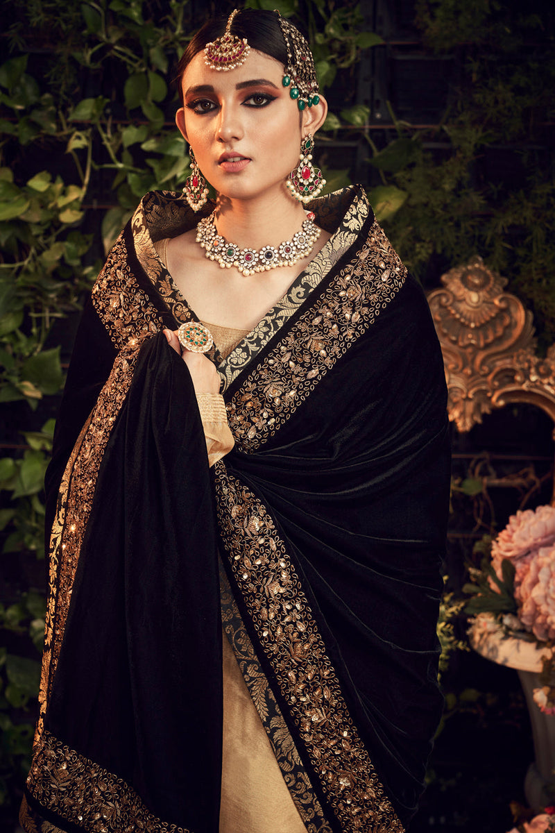 Oxidised Gold Garara Set With Velvet Dupatta Shawl