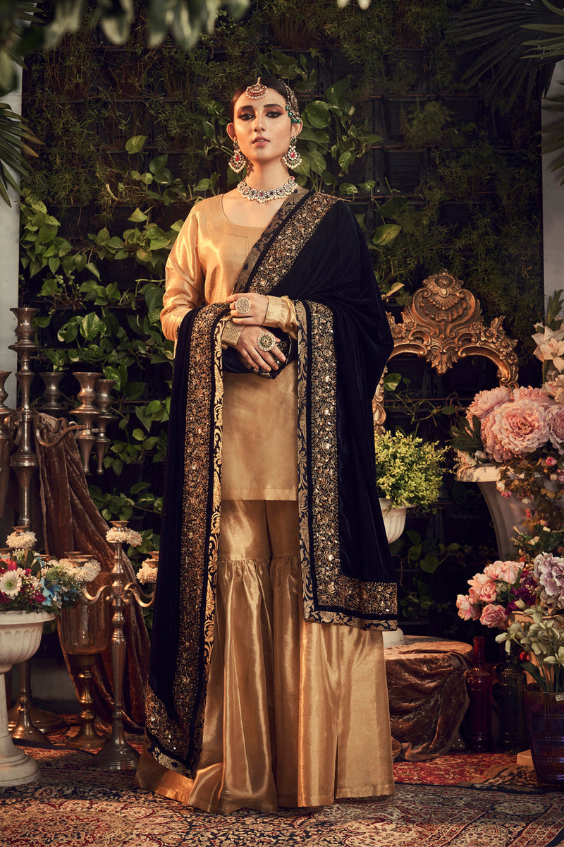 Oxidised Gold Garara Set With Velvet Dupatta Shawl