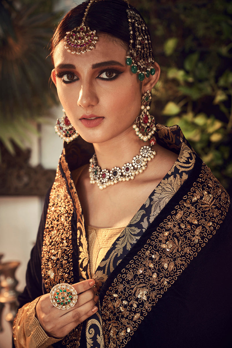 Oxidised Gold Garara Set With Velvet Dupatta Shawl