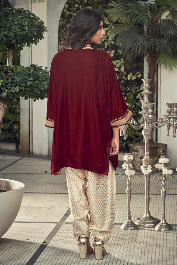 Mahroon Velvet Kurta With Chanderi Dhoti Salwar