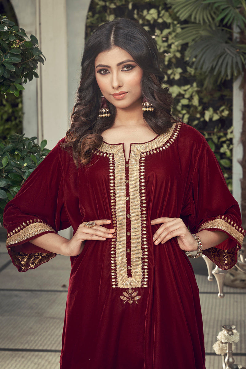 Mahroon Velvet Kurta With Chanderi Dhoti Salwar