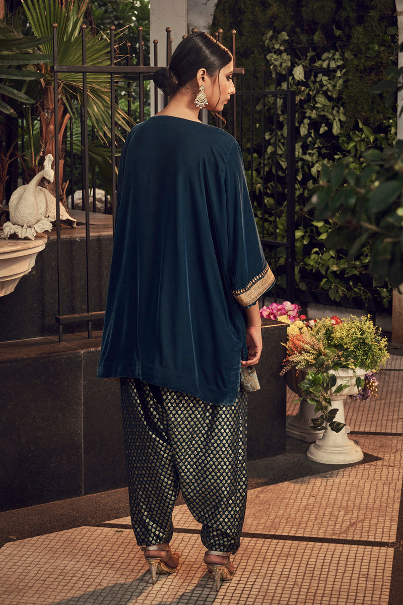 Prussian Blue Velvet Kurta With Chanderi Dhoti Salwar